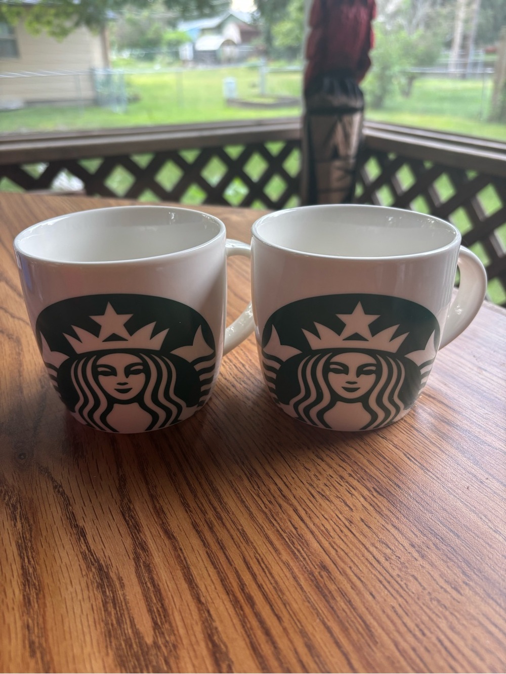 Starbucks White and Green Mermaid Logo Ceramic Coffee Mugs, Pair